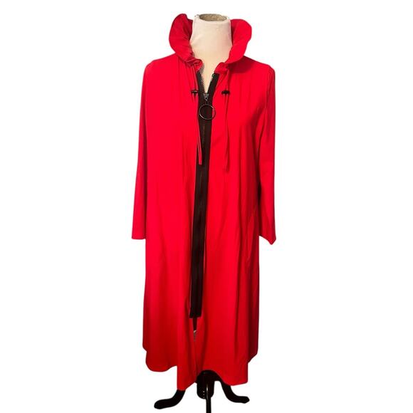 IC By Connie K Jacket Coat •L• Long Sleeve Zip Ruffle Collar Front Zip Red USA - Picture 1 of 12